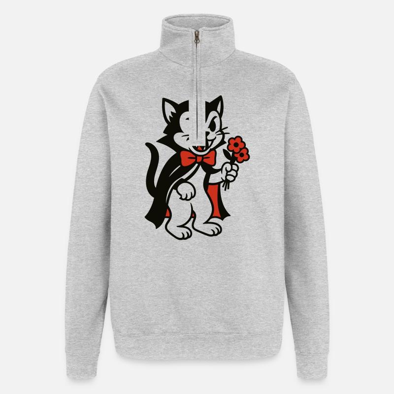 Chat Dracula avec bouquet de fleurs - Sweat à zip 1/4 - gris chiné