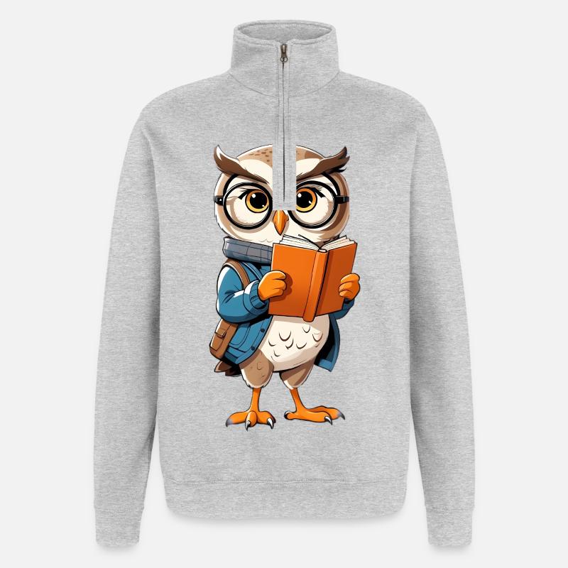 Learning owl with glasses reads book - Quarter-Zip Sweatshirt - heather grey