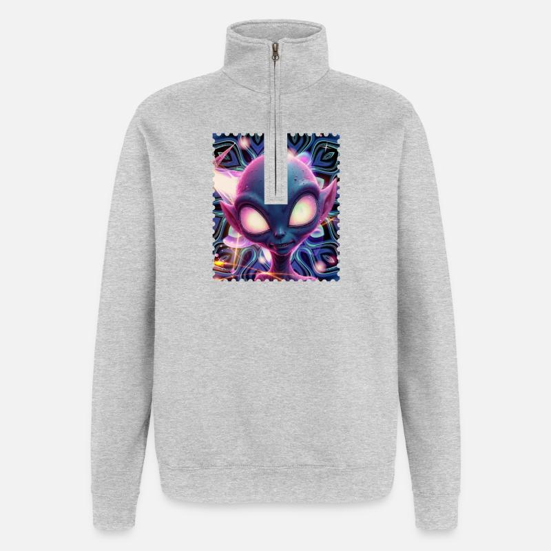 Neon-Alien Porträt im Psychedelicht - Quarter-Zip-Sweatshirt - Grau meliert