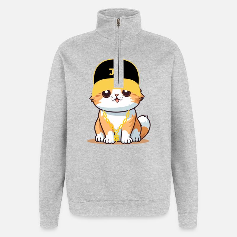 Chat swag - chat cool - Sweat à zip 1/4 - gris chiné