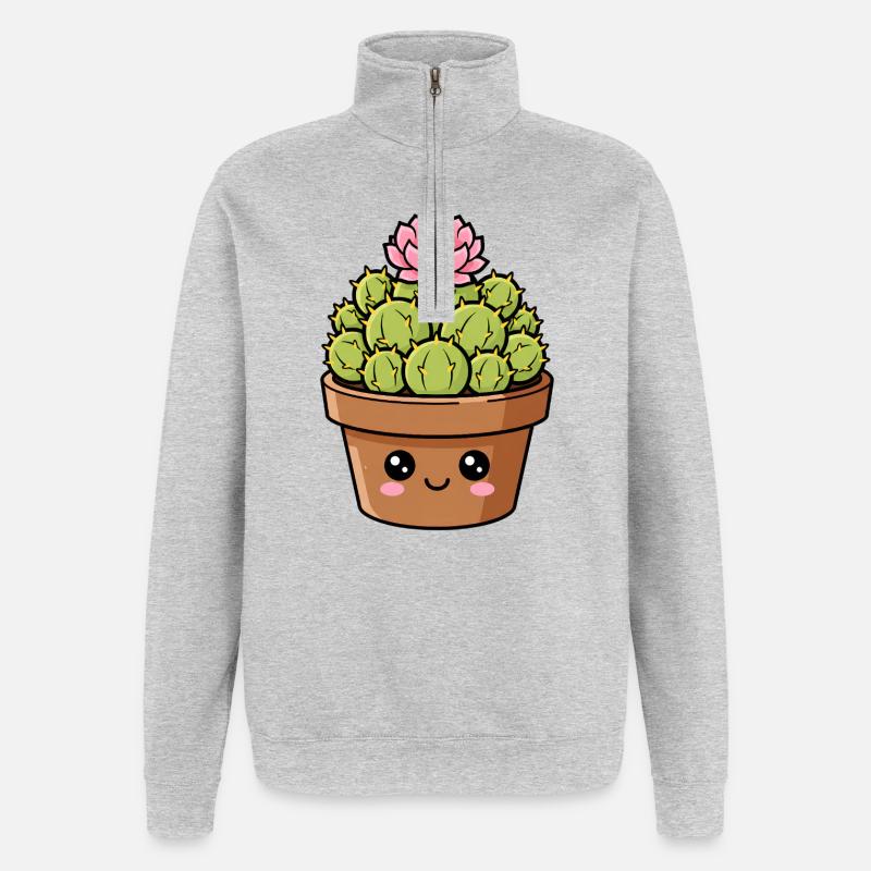 Pot de fleurs de cactus Kawaii - Sweat à zip 1/4 - gris chiné