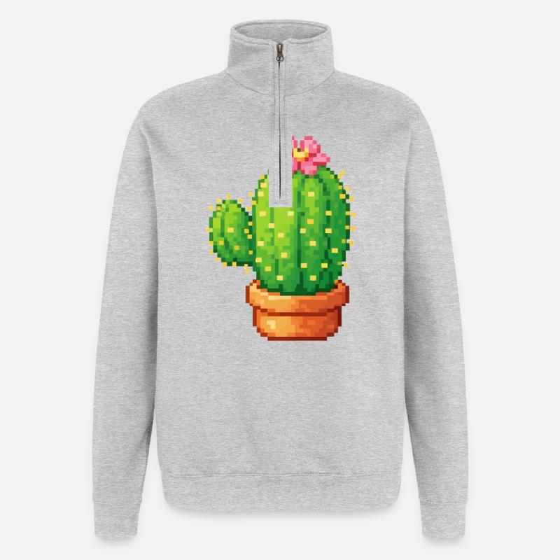 Pixelkaktus mit Blüte - Quarter-Zip-Sweatshirt - Grau meliert