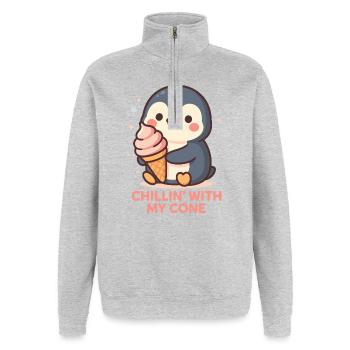 Niedlicher Pinguin mit Eistüte Design - Quarter-Zip Sweatshirt - heather grey - Front - AI Model Female 172 light (172cm) & AI Model Male 178 dark (178cm)