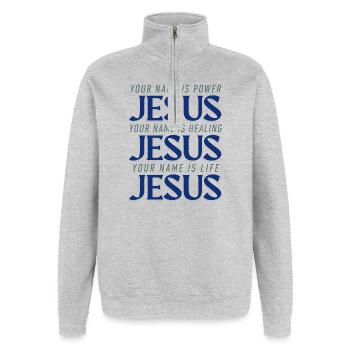 POUVOIR DE JÉSUS GUÉRIR LA VIE - Sweat à zip 1/4 - gris chiné - Devant - AI Model Female 172 light (172cm) & AI Model Male 178 dark (178cm)