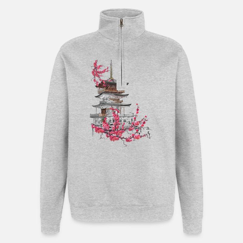 Pagode und Sakura - Quarter-Zip-Sweatshirt - Grau meliert