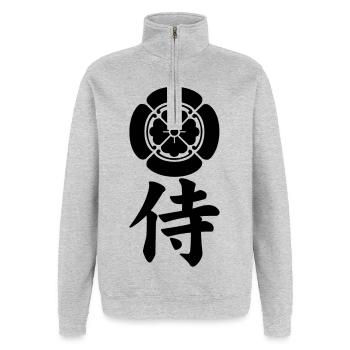 Emblème samouraï du clan Oda (noir) - Sweat à zip 1/4 - gris chiné - Devant - AI Model Female 172 light (172cm) & AI Model Male 178 dark (178cm)