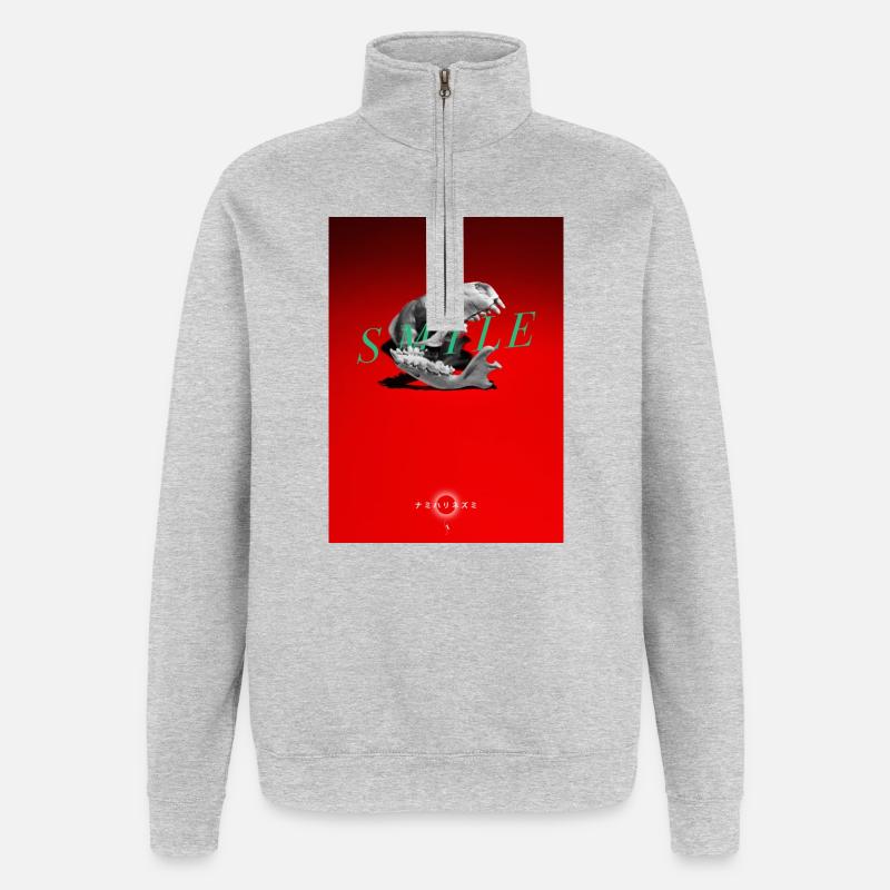 Lächelnder Schädel auf rotem Grund - Quarter-Zip-Sweatshirt - Grau meliert