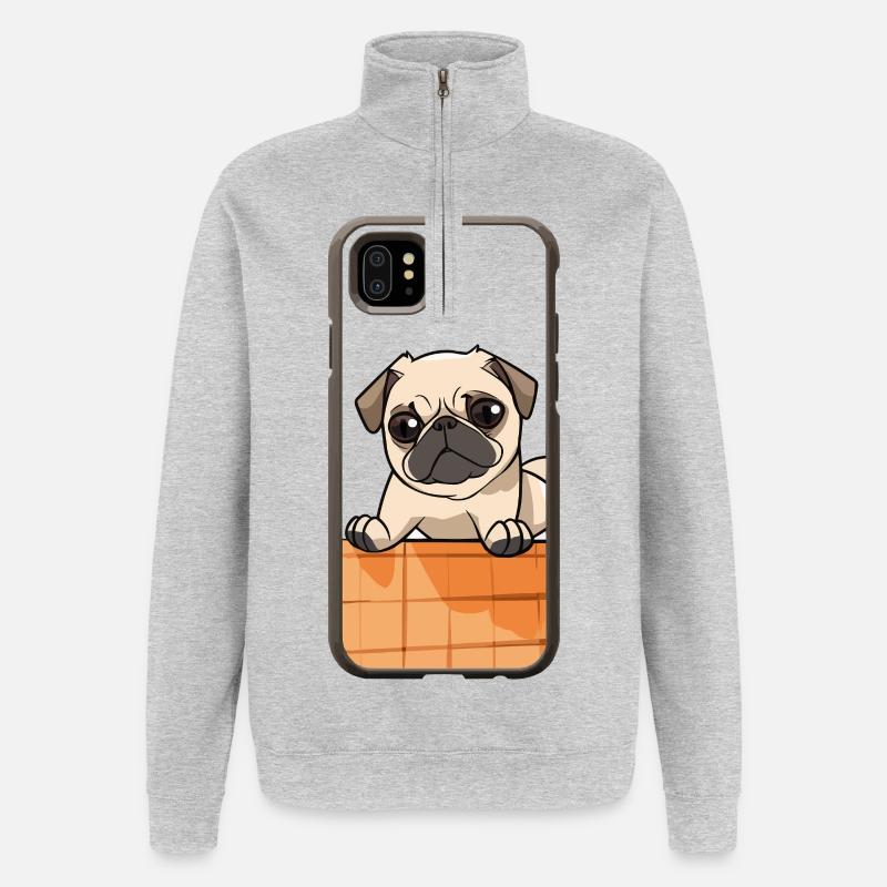 Mops am Rand – niedlicher Blick - Quarter-Zip-Sweatshirt - Grau meliert