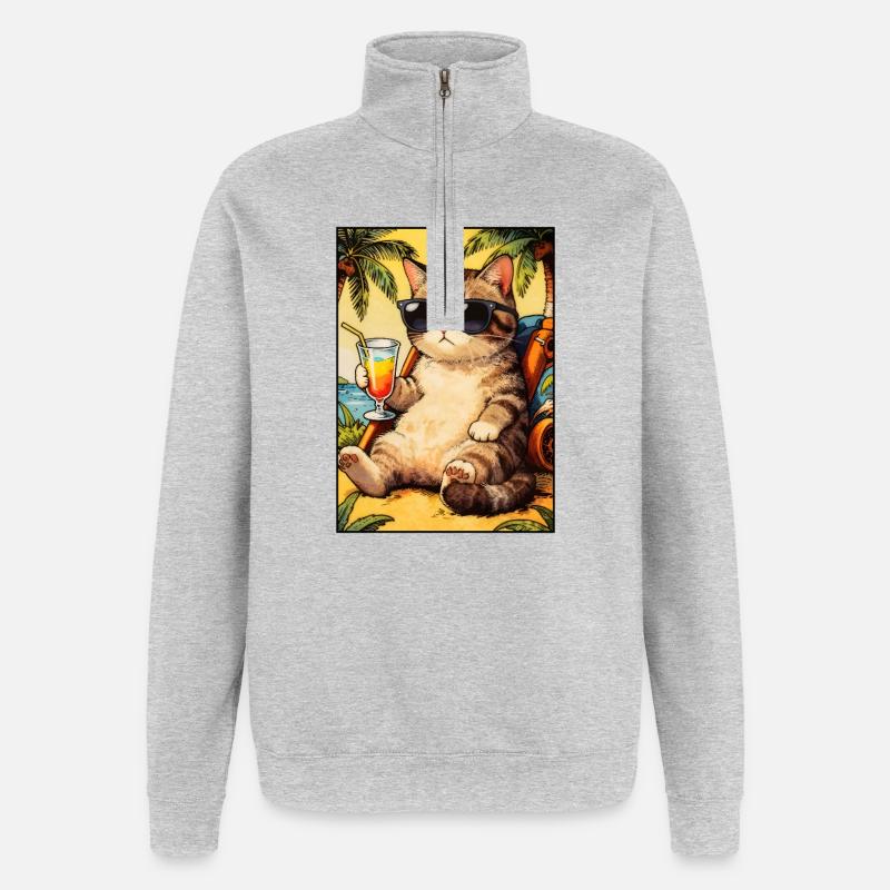 Chat cool en vacances d’été - Sweat à zip 1/4 - gris chiné