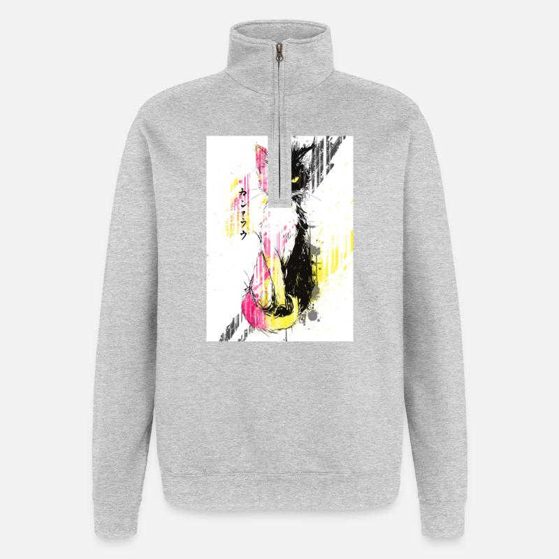 Chat bicolore néon en éclats - Sweat à zip 1/4 - gris chiné