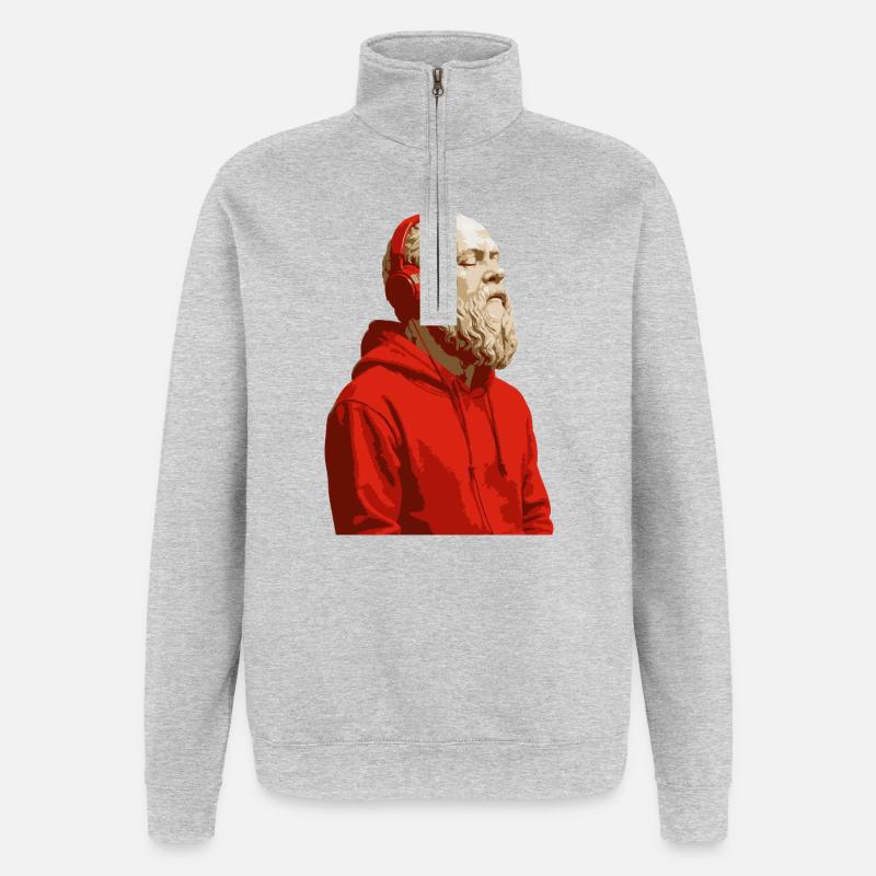 Sokrates in rotem Kapuzenpullover und Kopfhörern - Quarter-Zip-Sweatshirt - Grau meliert