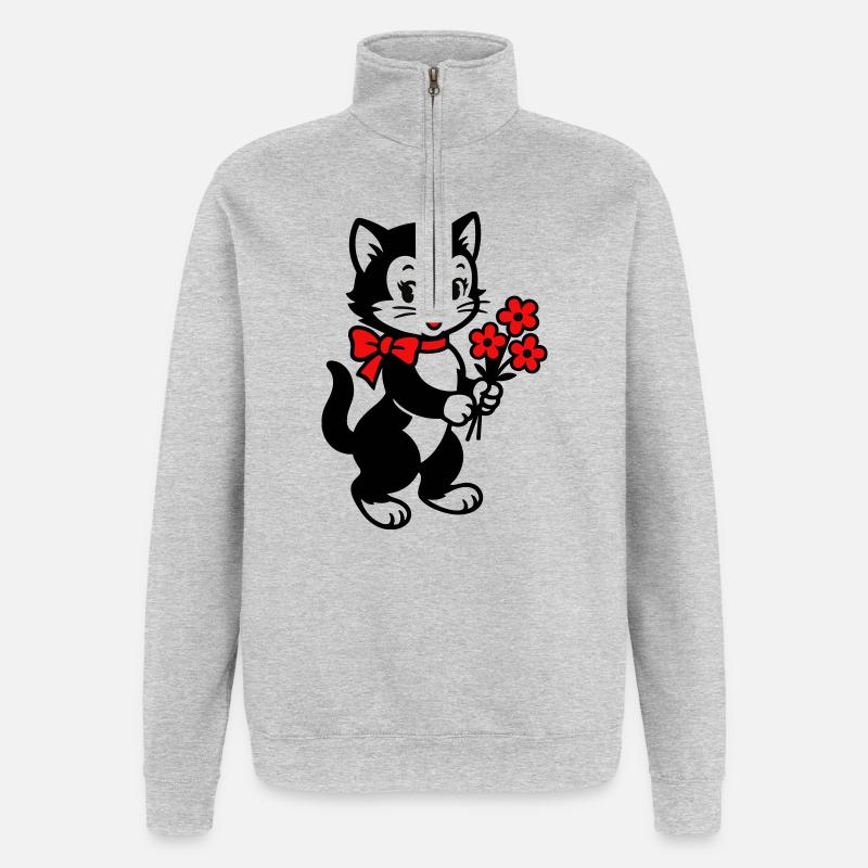 Black Cat with Red Ribbon - Quarter-Zip Sweatshirt - heather grey