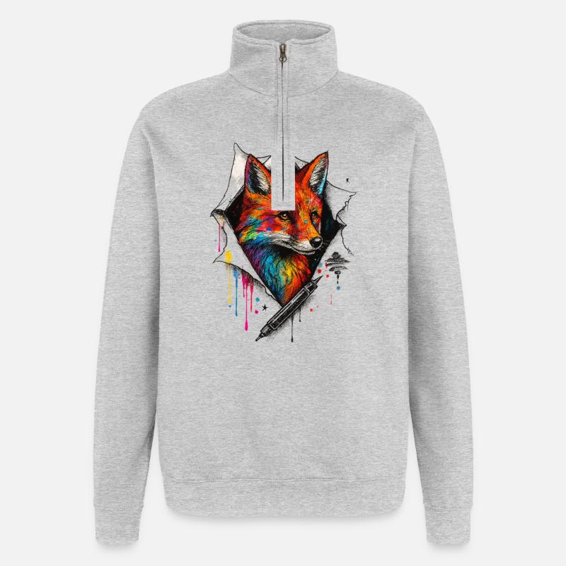 Regenbogenfuchs Kunst mit Farbspritzer - Quarter-Zip-Sweatshirt - Grau meliert