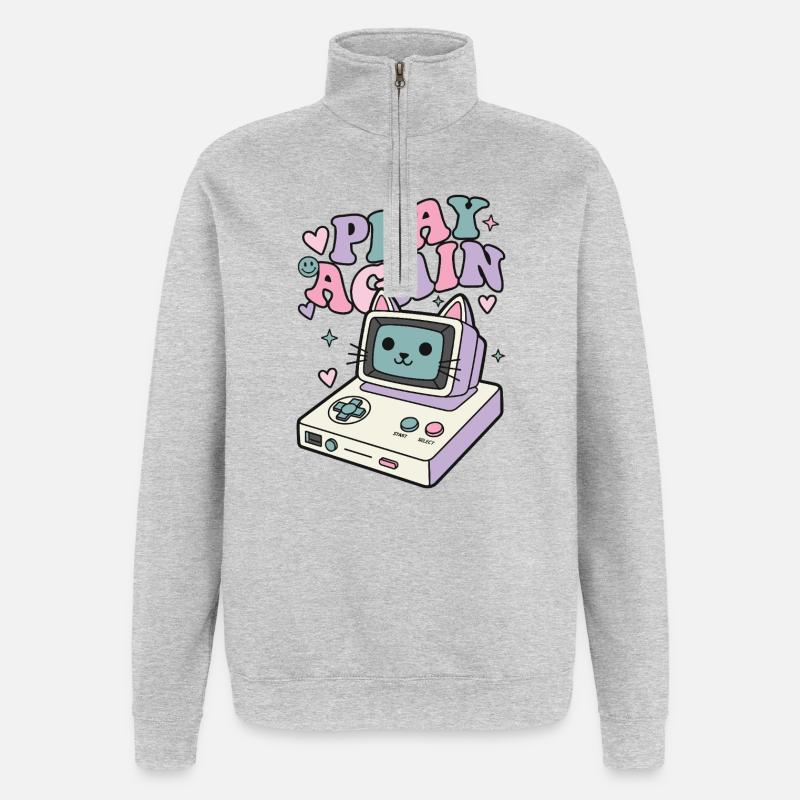 Play Again Katze Retro - Quarter-Zip-Sweatshirt - Grau meliert