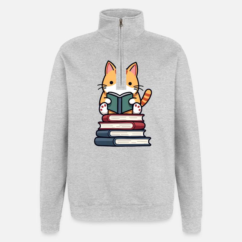 Katze liest ein Buch - Quarter-Zip-Sweatshirt - Grau meliert