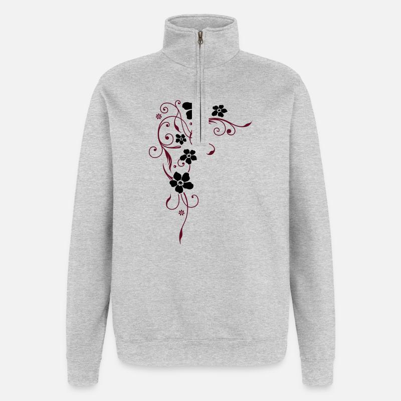 Schwarze Blüten mit dunkelroten Ranken - Quarter-Zip-Sweatshirt - Grau meliert