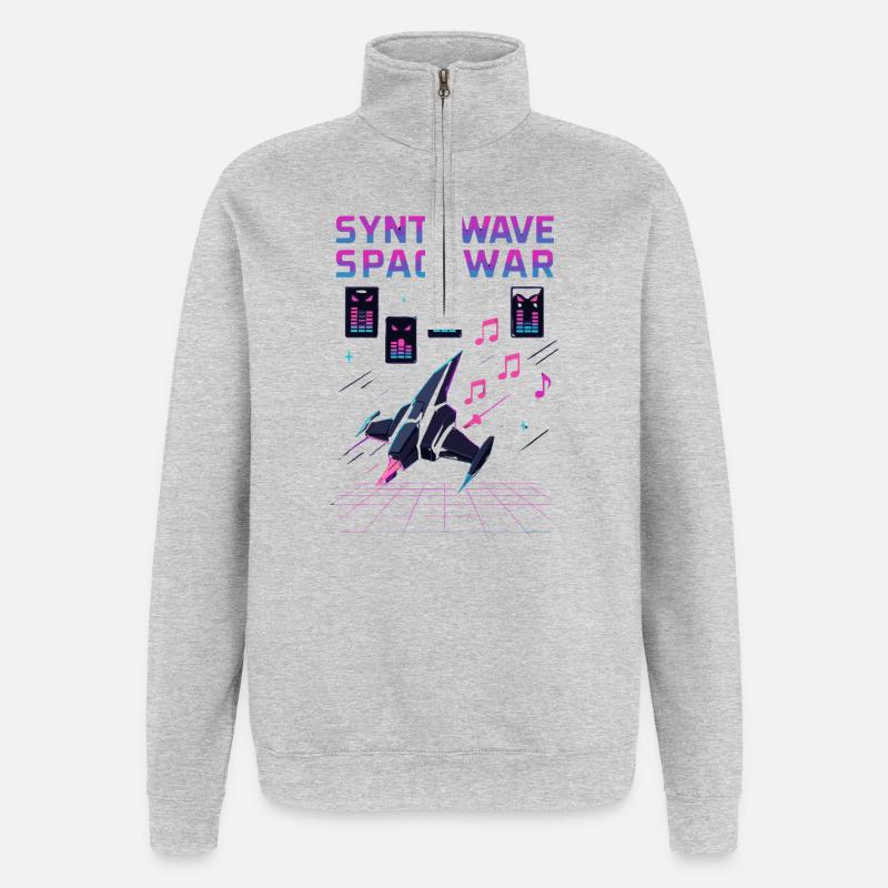 SYNTHWAVE SPACEWAR Retro Neon 80s Spaceship - Quarter-Zip Sweatshirt - heather grey