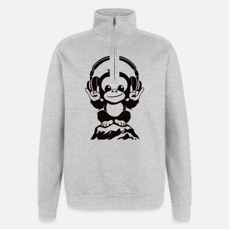 DJ Affe – Kopfhörer & Rockhandzeichen - Quarter-Zip-Sweatshirt - Grau meliert