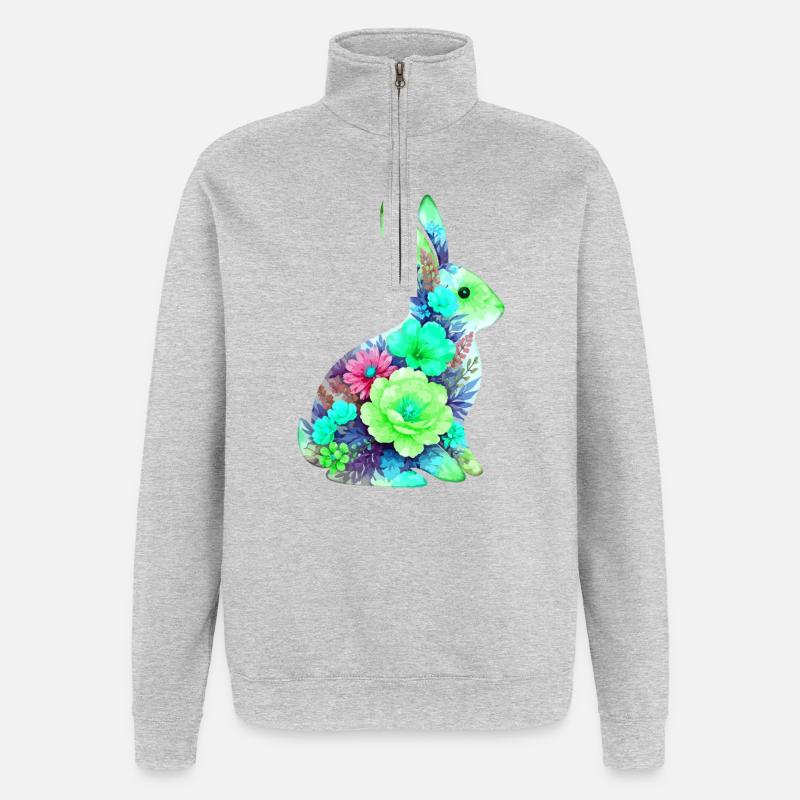 Fleurs aquarelles de lapin à Pâques - Sweat à zip 1/4 - gris chiné