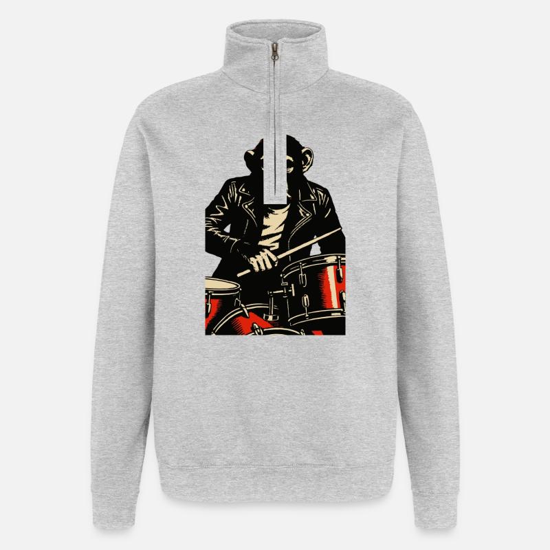 Schimpansen-Trommler in Lederjacke - Quarter-Zip-Sweatshirt - Grau meliert