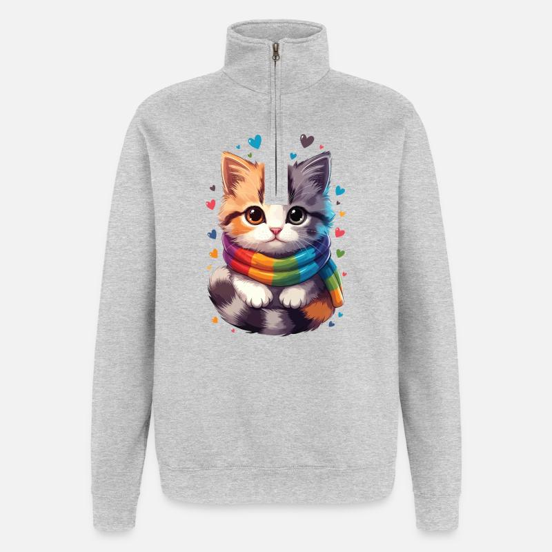 Regenbogen-Kätzchenschal - Quarter-Zip-Sweatshirt - Grau meliert