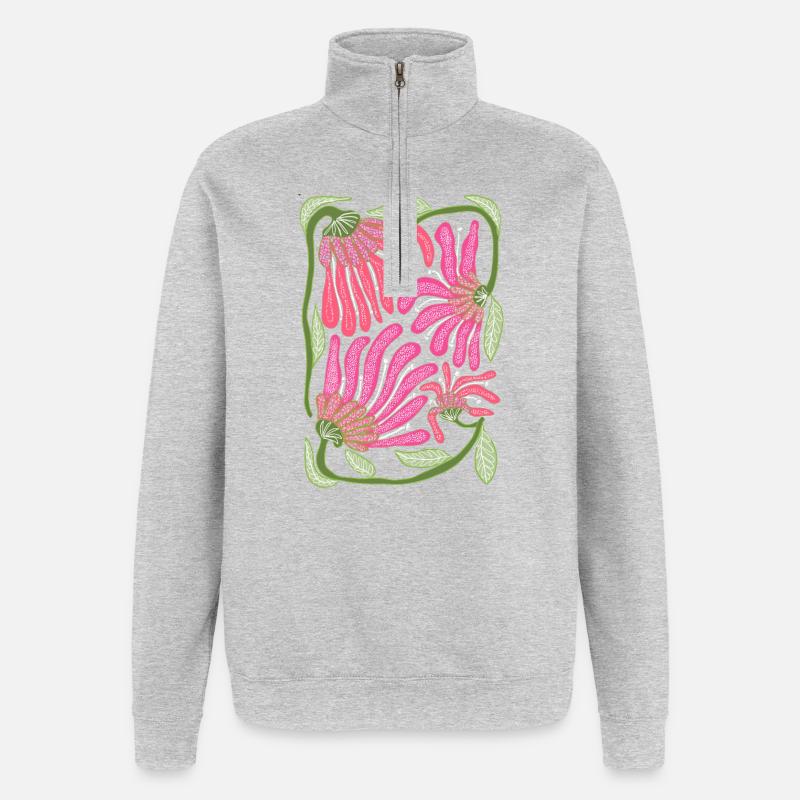 Rosa Boho-Blumen-Handzeichnungsdesign - Quarter-Zip-Sweatshirt - Grau meliert