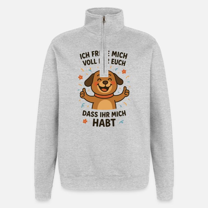 Fröhlicher Hund mit Botschaft - Quarter-Zip-Sweatshirt - Grau meliert