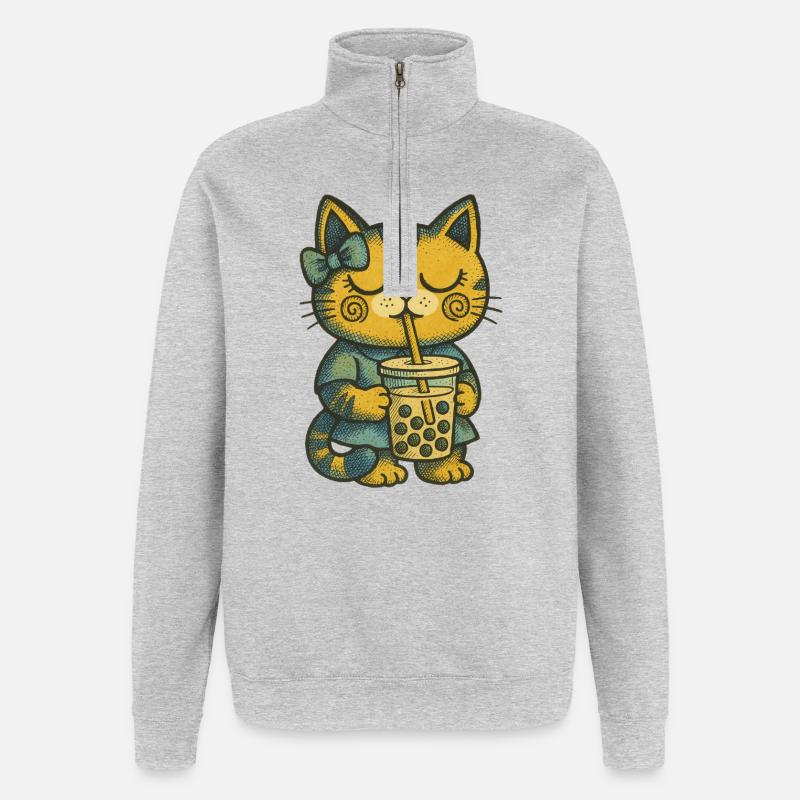 Bubble Tea Katze Kuscheliger Charme - Quarter-Zip-Sweatshirt - Grau meliert