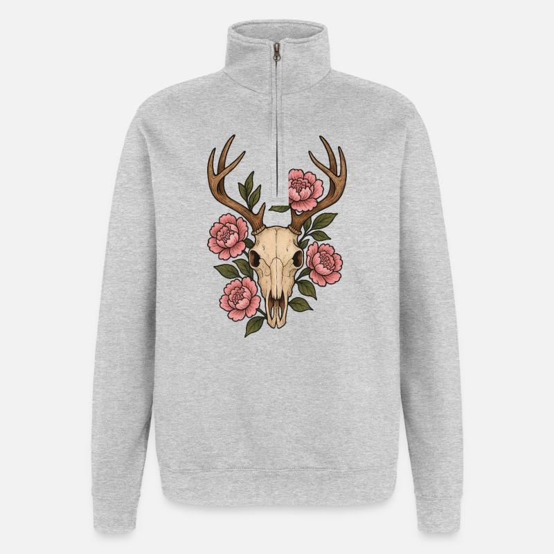 Pfingstrosenschädel-Hirsch-Emblem - Quarter-Zip-Sweatshirt - Grau meliert