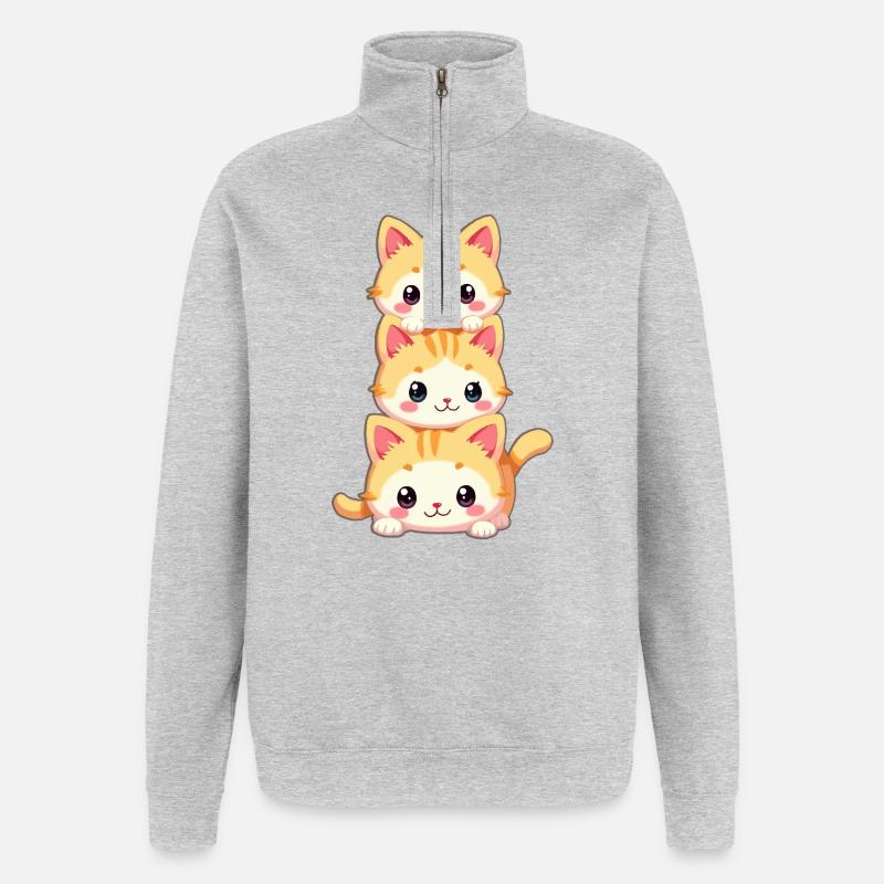 Trio de chatons empilés - Sweat à zip 1/4 - gris chiné