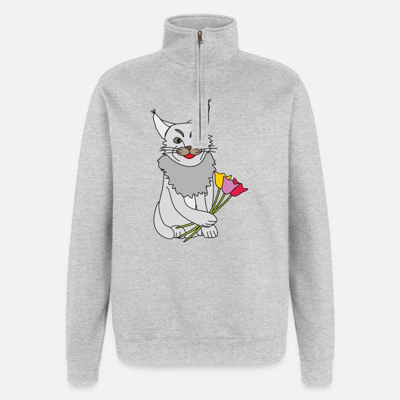 Katze mit Blumenstrauß - Quarter-Zip-Sweatshirt - Grau meliert