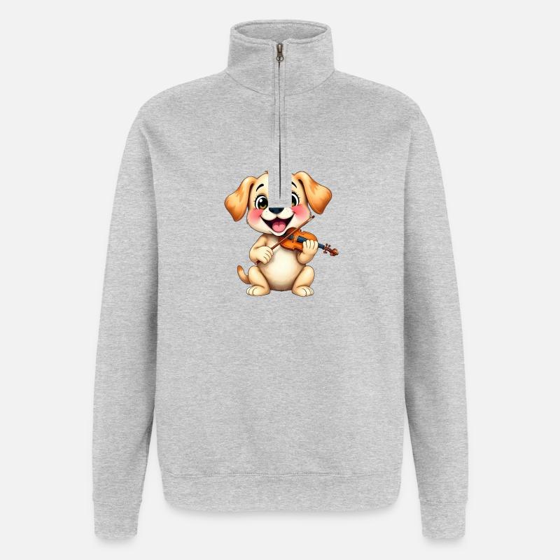 Chiot jouant du violon - Sweat à zip 1/4 - gris chiné