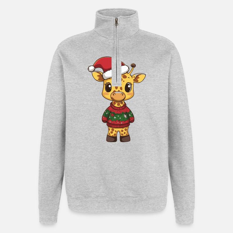 Noël girafe - Sweat à zip 1/4 - gris chiné