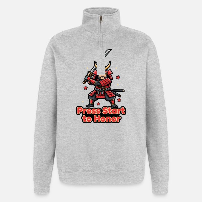 Retro Samurai Drück Start - Quarter-Zip-Sweatshirt - Grau meliert