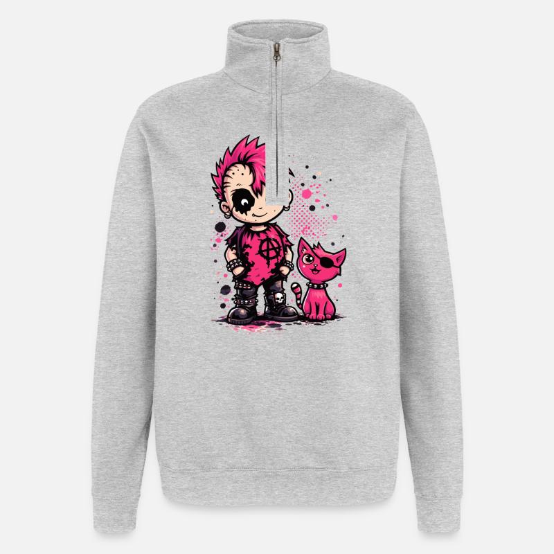 Punk Kid mit pinker Katze - Quarter-Zip-Sweatshirt - Grau meliert