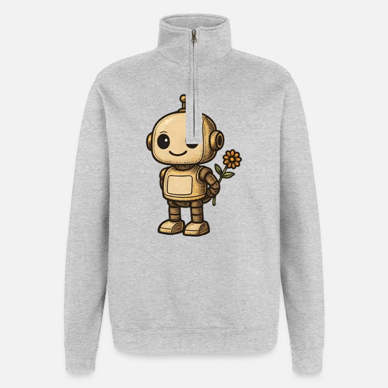 Robot rétro avec fleur - Sweat à zip 1/4 - gris chiné