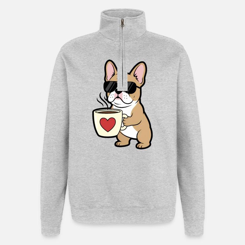 Bulldogge Hund Kaffee Comic - Quarter-Zip-Sweatshirt - Grau meliert