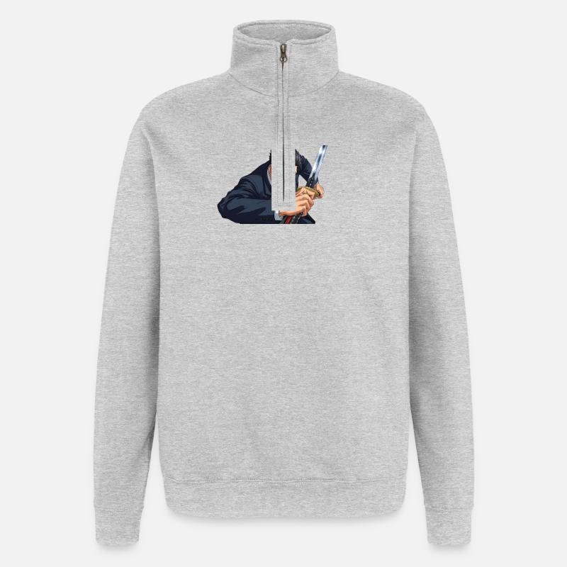 Anime en costume avec épée - Sweat à zip 1/4 - gris chiné