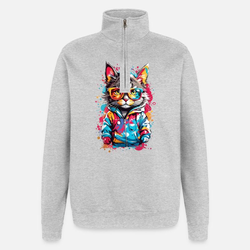 Chat cool - Sweat à zip 1/4 - gris chiné