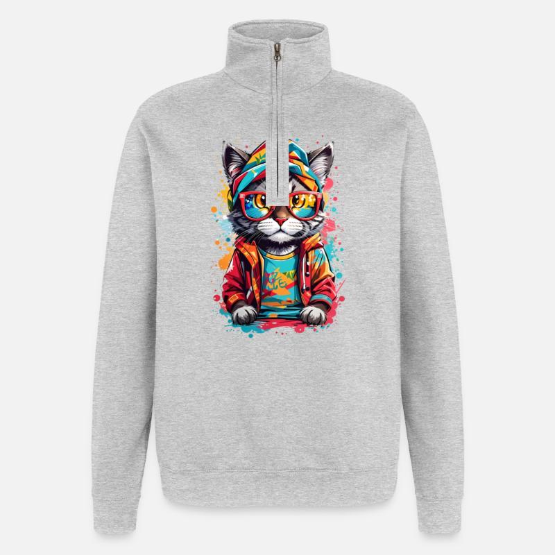 Coole Katze - Quarter-Zip-Sweatshirt - Grau meliert