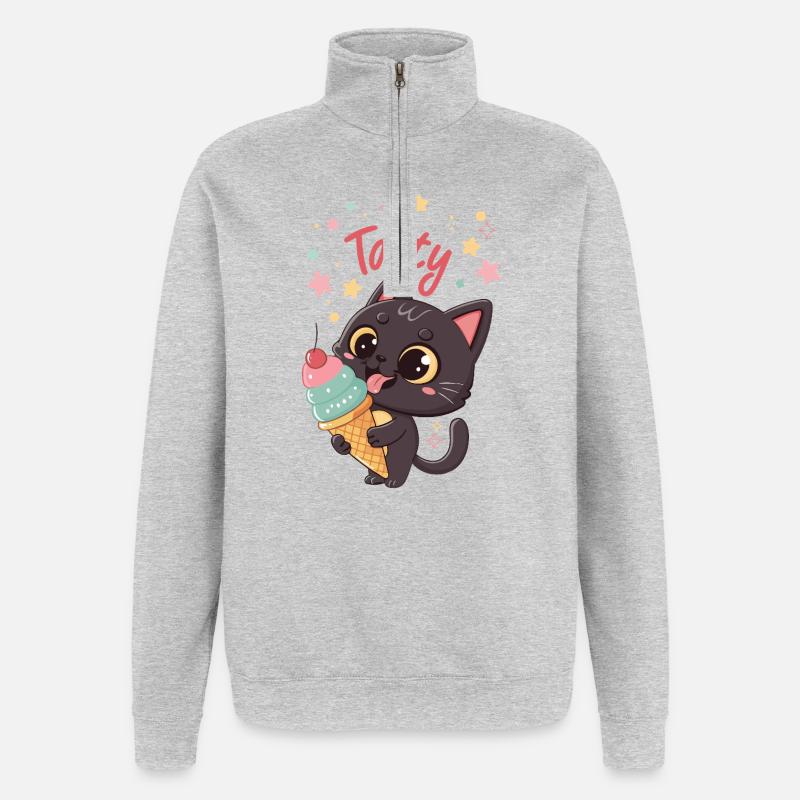 Chat gourmand et crème glacée - Sweat à zip 1/4 - gris chiné
