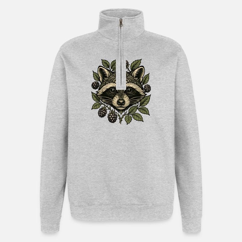 Visage de raton laveur avec feuilles de baies - Sweat à zip 1/4 - gris chiné