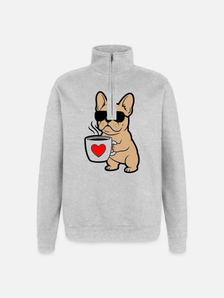 Frenchie Hund Kaffee Comic - Quarter-Zip-Sweatshirt - Grau meliert