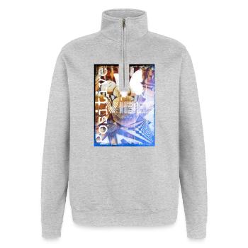 Ondes positives - Sweat à zip 1/4 - gris chiné - Devant - AI Model Female 172 light (172cm) & AI Model Male 178 dark (178cm)