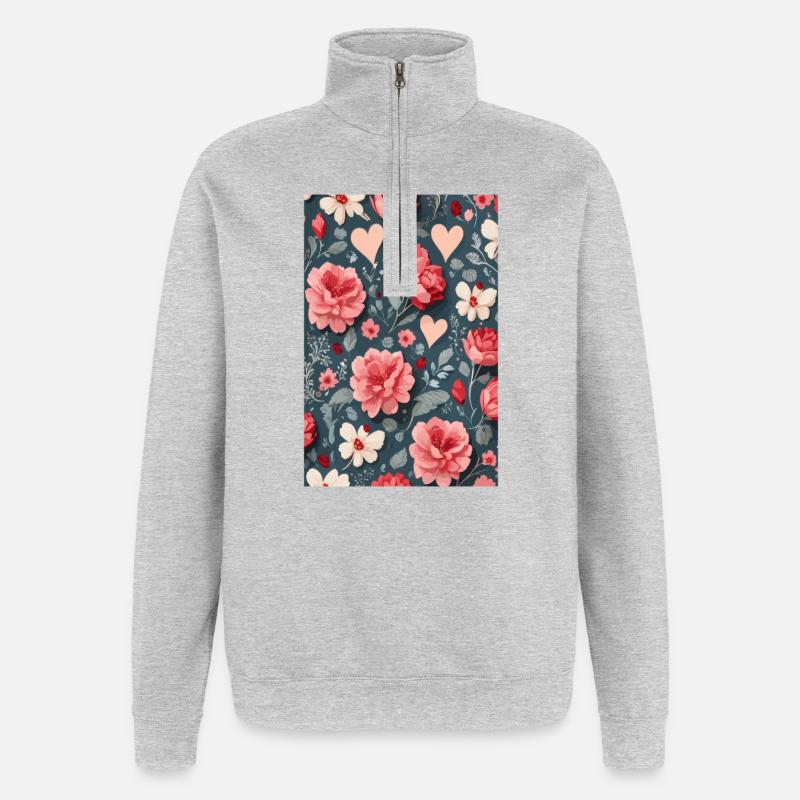 Rosen mit Herzen - Quarter-Zip-Sweatshirt - Grau meliert