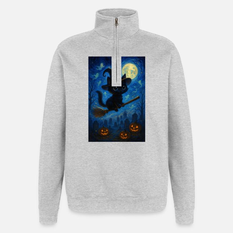 Chat sorcière mignon d'Halloween - Sweat à zip 1/4 - gris chiné