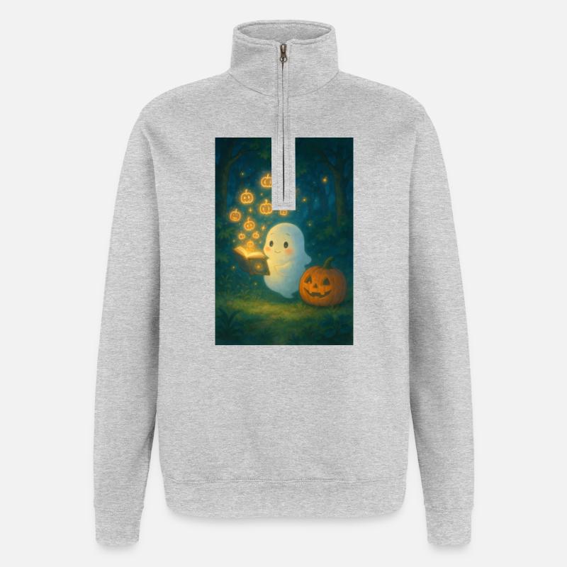 Niedlicher Geist mit Kürbis Buch - Quarter-Zip-Sweatshirt - Grau meliert