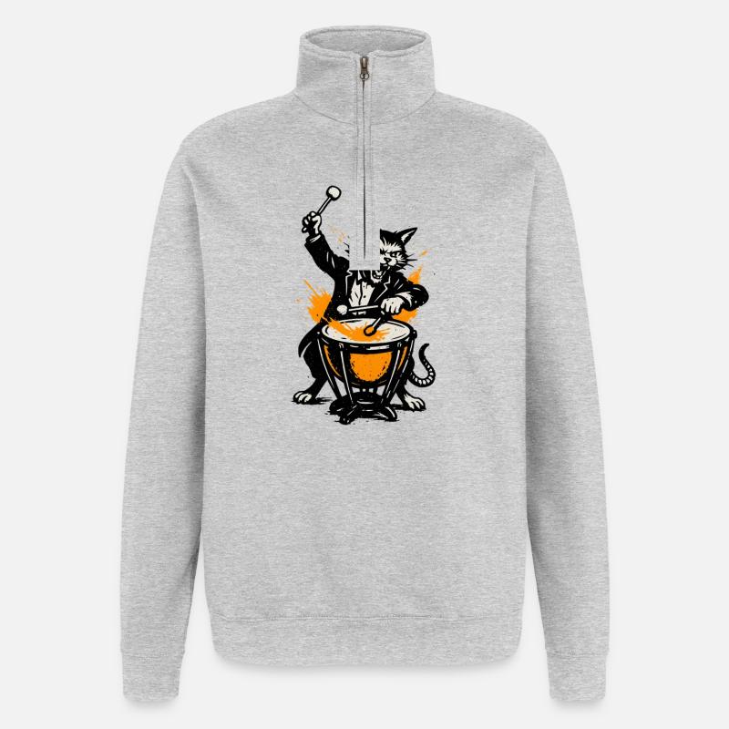 Katzenband Trommelheld im Comicstil - Quarter-Zip-Sweatshirt - Grau meliert