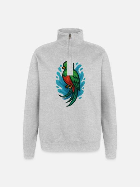 Oiseau Quetzal vert avec aquarelle bleue - Sweat à zip 1/4 - gris chiné