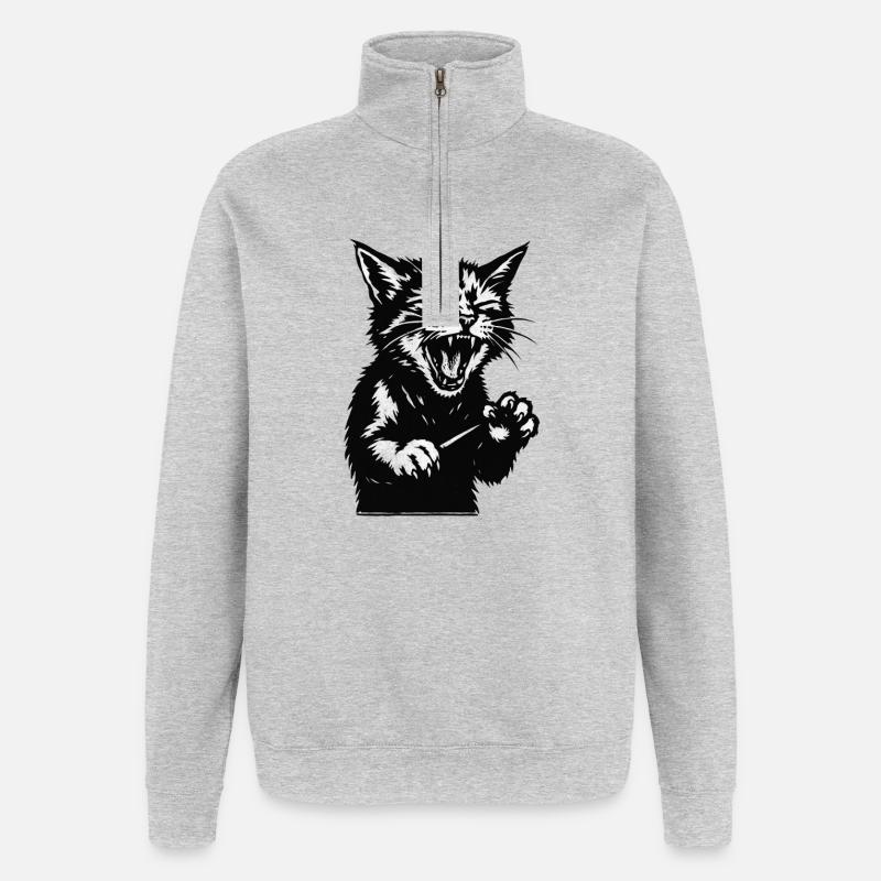 Silhouette de chat hurlant - Sweat à zip 1/4 - gris chiné